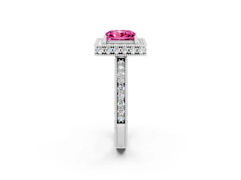 White gold Princess Cut Halo Diamond Engagement Ring with Milgrain Pave Band and Four-Prong Setting_2