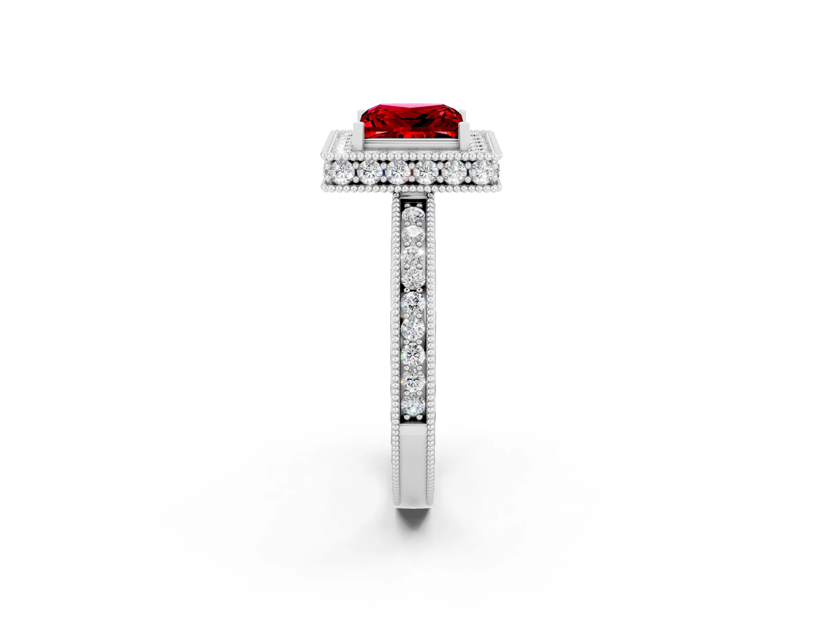 White gold Princess Cut Halo Diamond Engagement Ring with Milgrain Pave Band and Four-Prong Setting_2