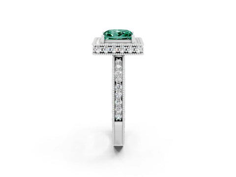 White gold Princess Cut Halo Diamond Engagement Ring with Milgrain Pave Band and Four-Prong Setting_2