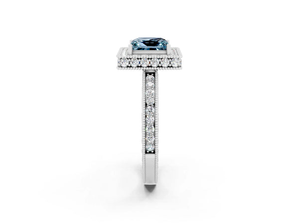 Platinum Princess Cut Halo Diamond Engagement Ring with Milgrain Pave Band and Four-Prong Setting