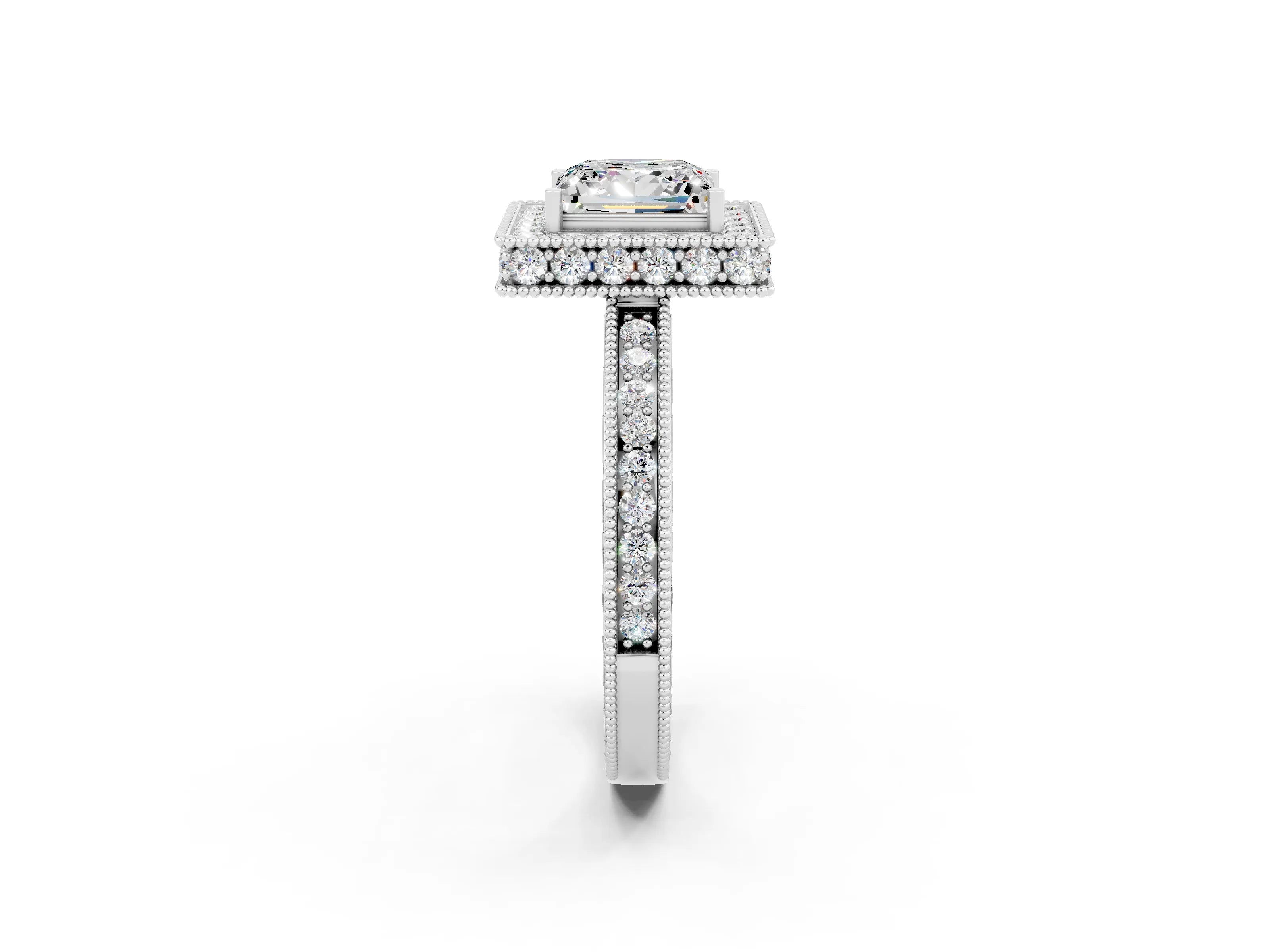 White gold Princess Cut Halo Diamond Engagement Ring with Milgrain Pave Band and Four-Prong Setting_2