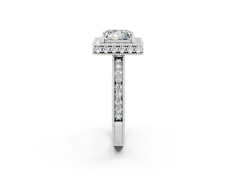 White gold Princess Cut Halo Diamond Engagement Ring with Milgrain Pave Band and Four-Prong Setting_2