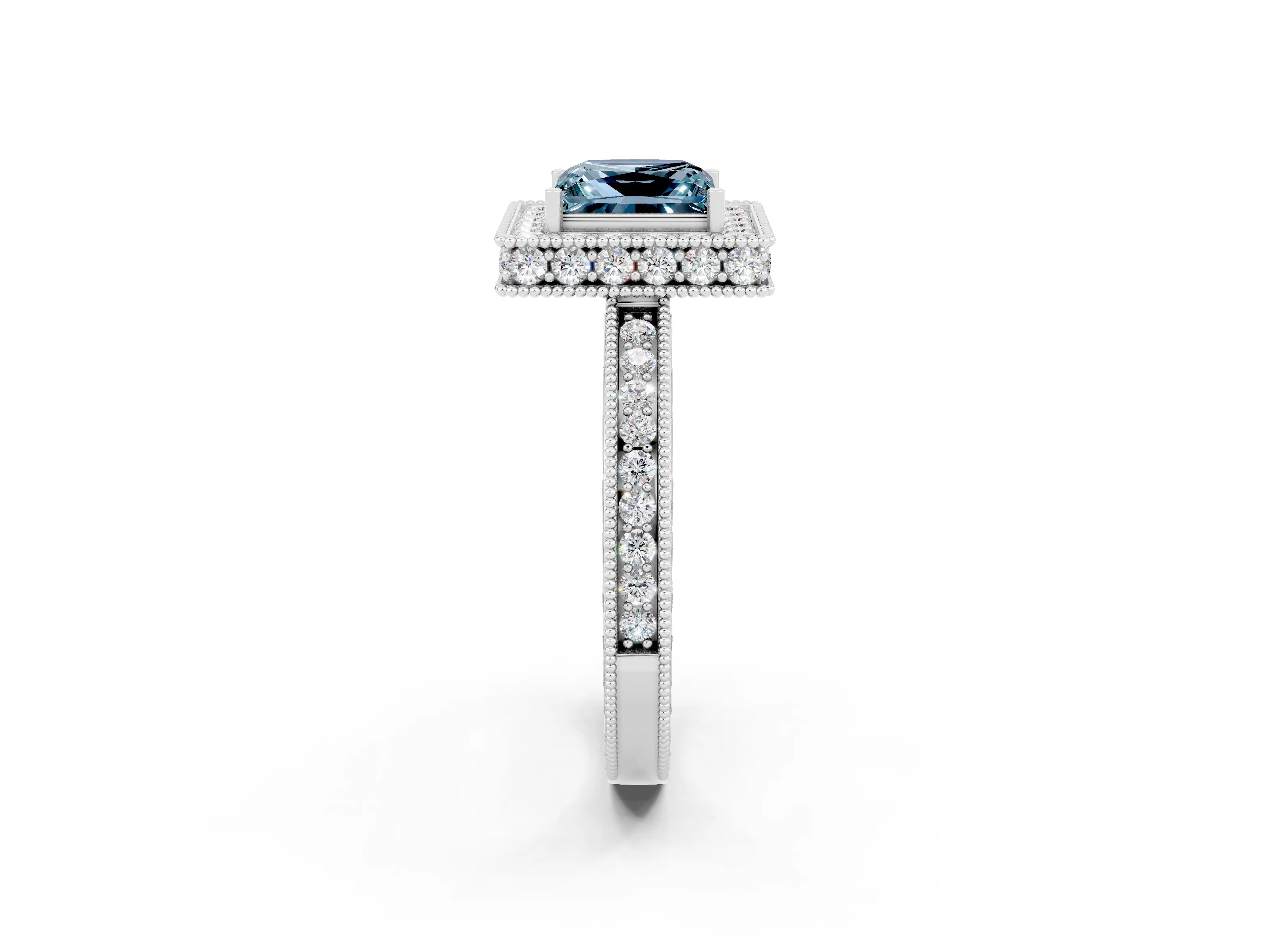 White gold Princess Cut Halo Diamond Engagement Ring with Milgrain Pave Band and Four-Prong Setting_2