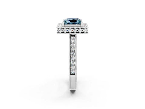White gold Princess Cut Halo Diamond Engagement Ring with Milgrain Pave Band and Four-Prong Setting_2