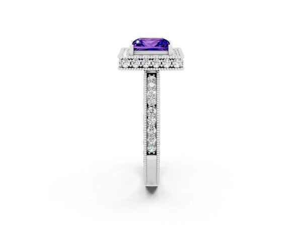 Silver Princess Cut Halo Diamond Engagement Ring with Milgrain Pave Band and Four-Prong Setting