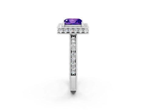 White gold Princess Cut Halo Diamond Engagement Ring with Milgrain Pave Band and Four-Prong Setting_2