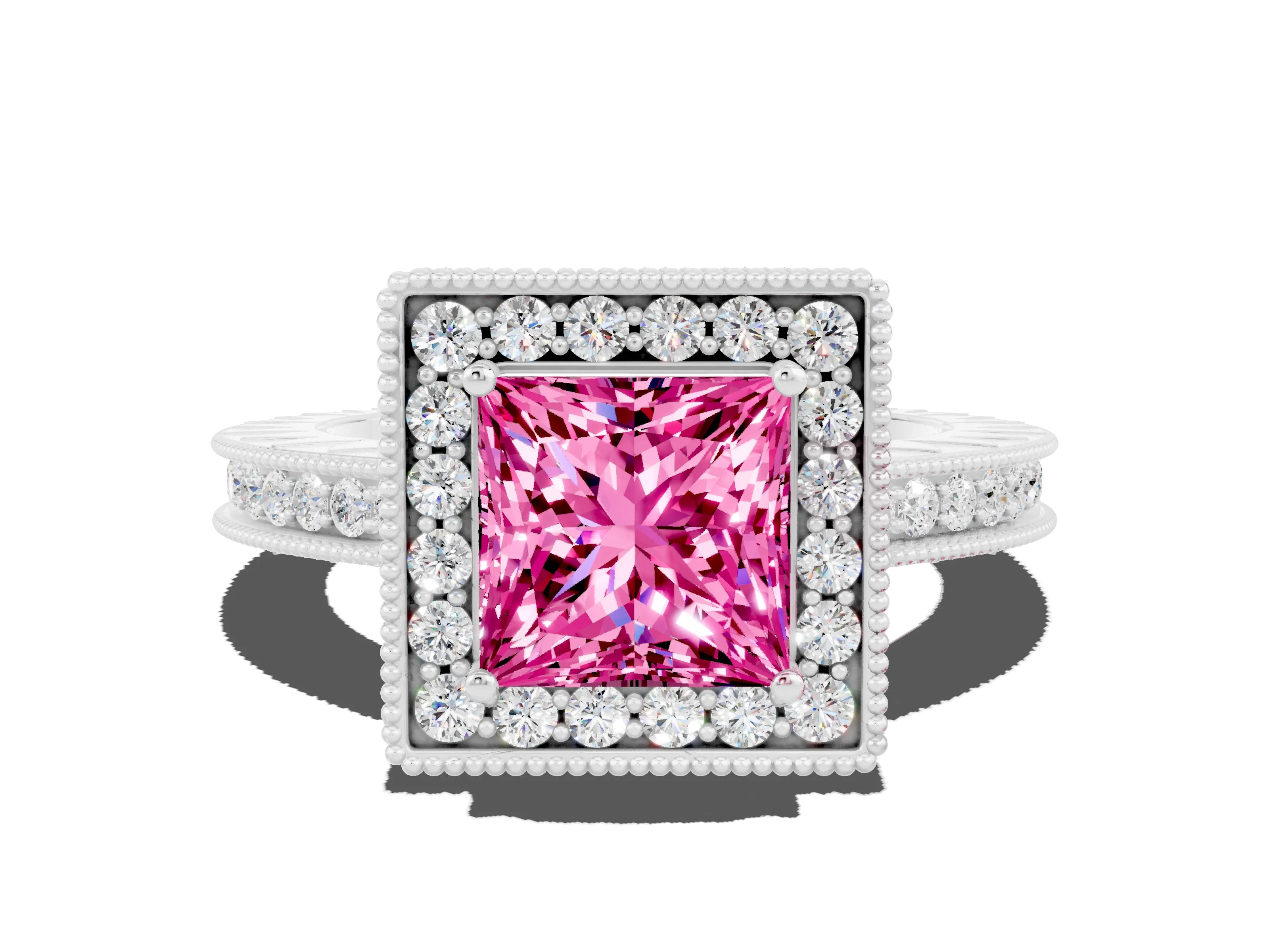 White gold Princess Cut Halo Diamond Engagement Ring with Milgrain Pave Band and Four-Prong Setting