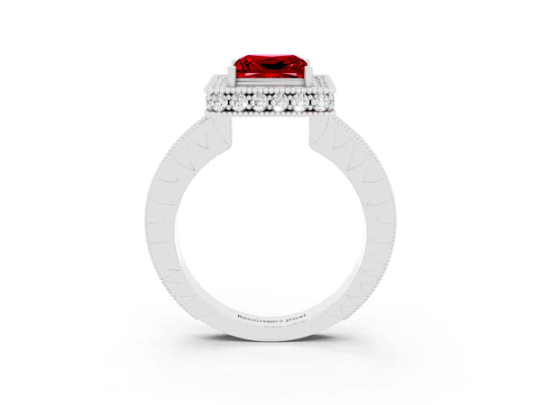 Platinum Princess Cut Halo Diamond Engagement Ring with Milgrain Pave Band and Four-Prong Setting