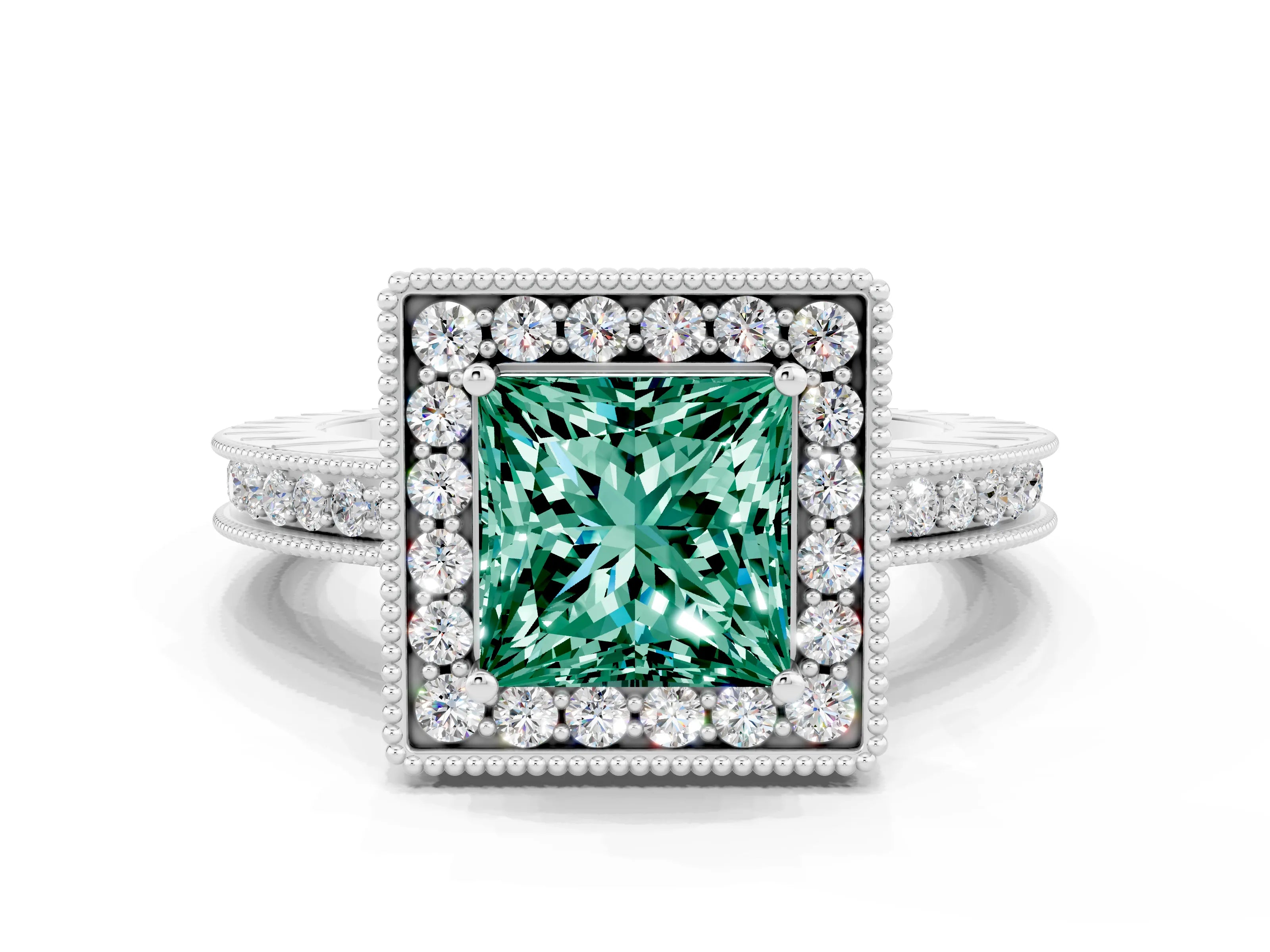 White gold Princess Cut Halo Diamond Engagement Ring with Milgrain Pave Band and Four-Prong Setting