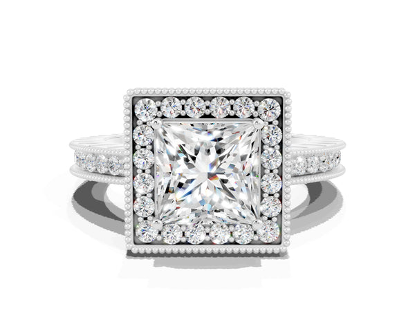 Platinum Princess Cut Halo Diamond Engagement Ring with Milgrain Pave Band and Four-Prong Setting
