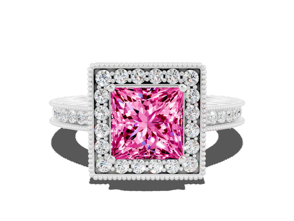 Platinum Princess Cut Halo Diamond Engagement Ring with Milgrain Pave Band and Four-Prong Setting
