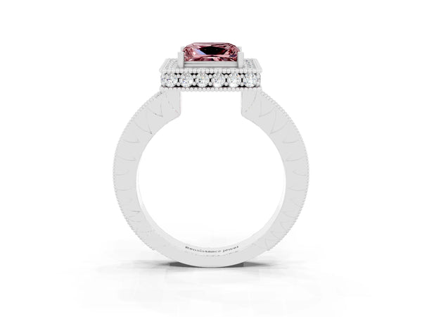 Platinum Princess Cut Halo Diamond Engagement Ring with Milgrain Pave Band and Four-Prong Setting