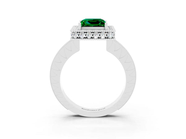 White gold Princess Cut Halo Diamond Engagement Ring with Milgrain Pave Band and Four-Prong Setting