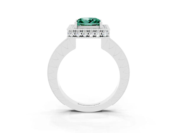 Platinum Princess Cut Halo Diamond Engagement Ring with Milgrain Pave Band and Four-Prong Setting