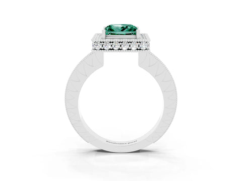 White gold Princess Cut Halo Diamond Engagement Ring with Milgrain Pave Band and Four-Prong Setting_3