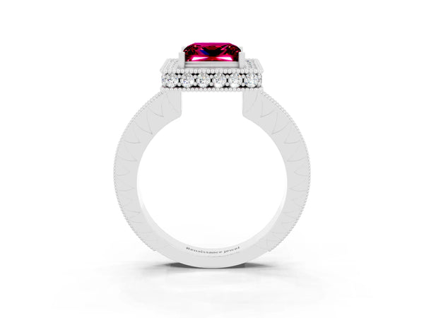 White gold Princess Cut Halo Diamond Engagement Ring with Milgrain Pave Band and Four-Prong Setting