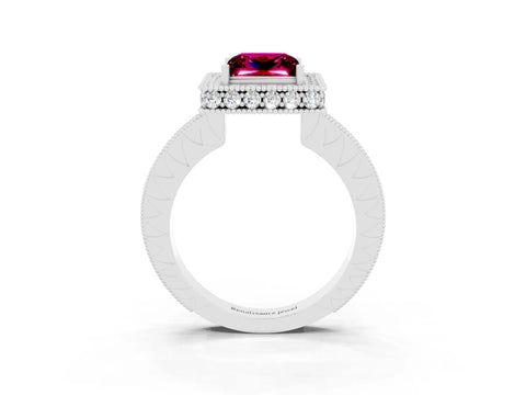 White gold Princess Cut Halo Diamond Engagement Ring with Milgrain Pave Band and Four-Prong Setting_3