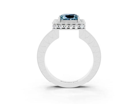White gold Princess Cut Halo Diamond Engagement Ring with Milgrain Pave Band and Four-Prong Setting_3