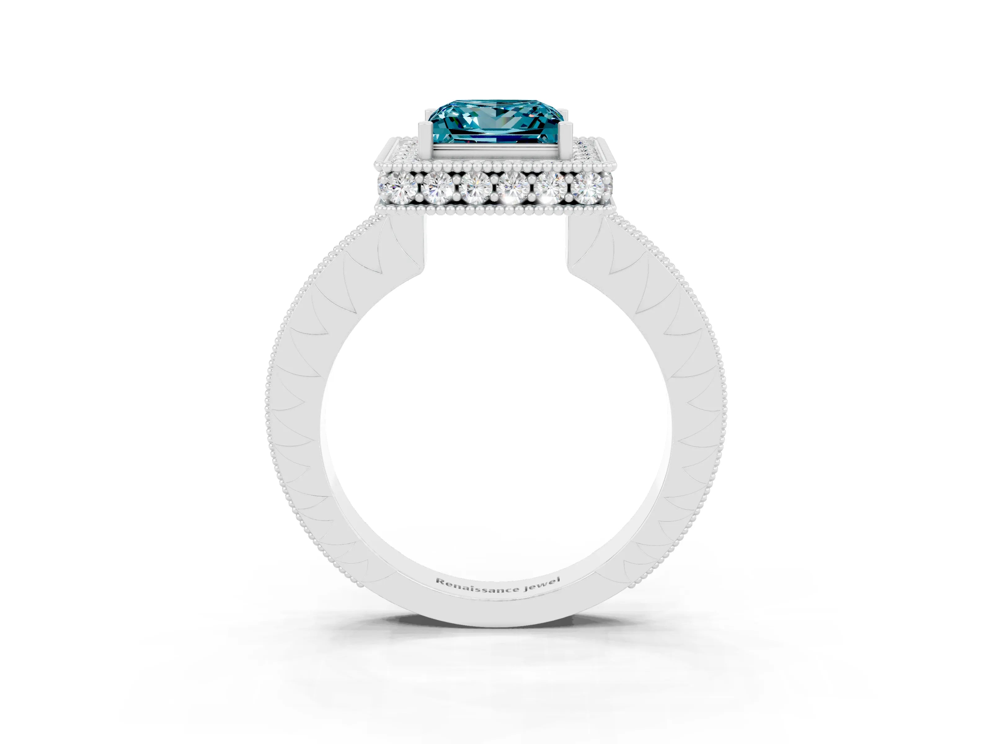 White gold Princess Cut Halo Diamond Engagement Ring with Milgrain Pave Band and Four-Prong Setting_3