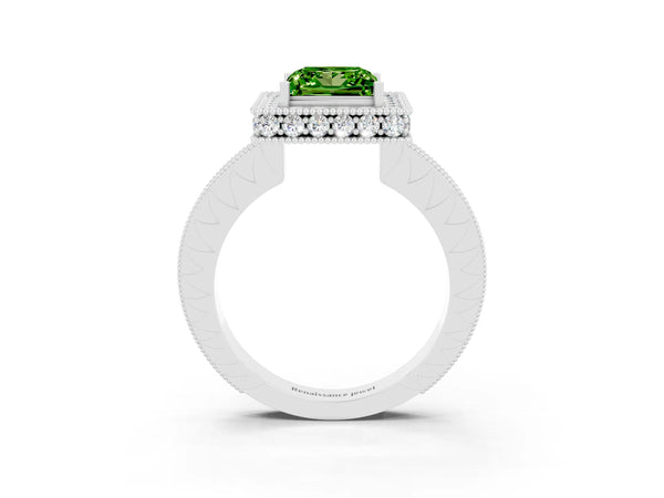 Platinum Princess Cut Halo Diamond Engagement Ring with Milgrain Pave Band and Four-Prong Setting