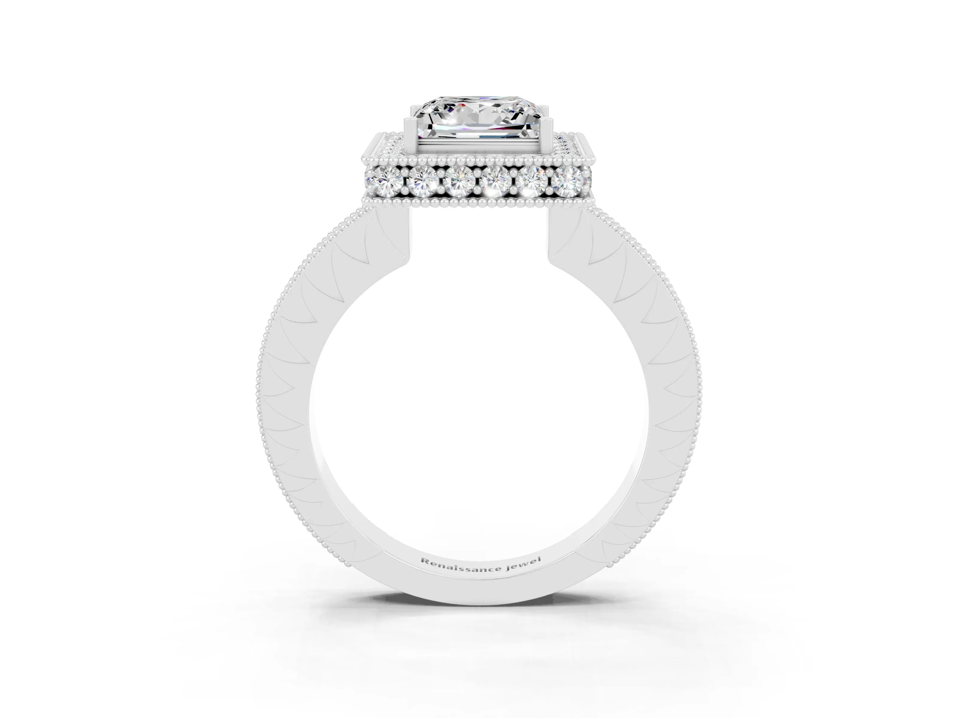 White gold Princess Cut Halo Diamond Engagement Ring with Milgrain Pave Band and Four-Prong Setting_3