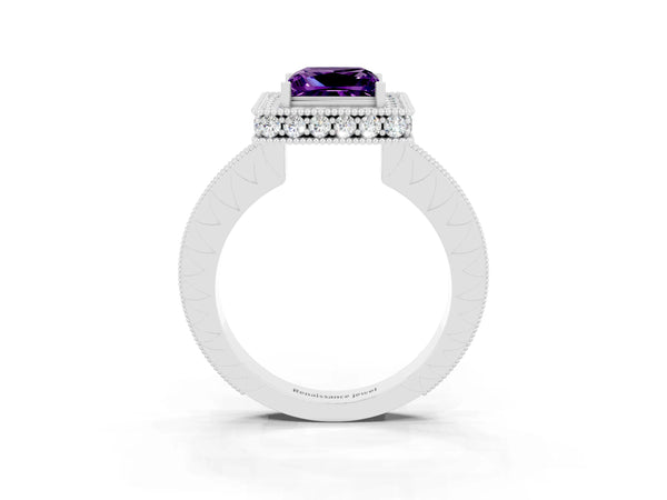 Platinum Princess Cut Amethyst Milgrain Halo Engagement Ring with Round Pavé Band and Prong Setting