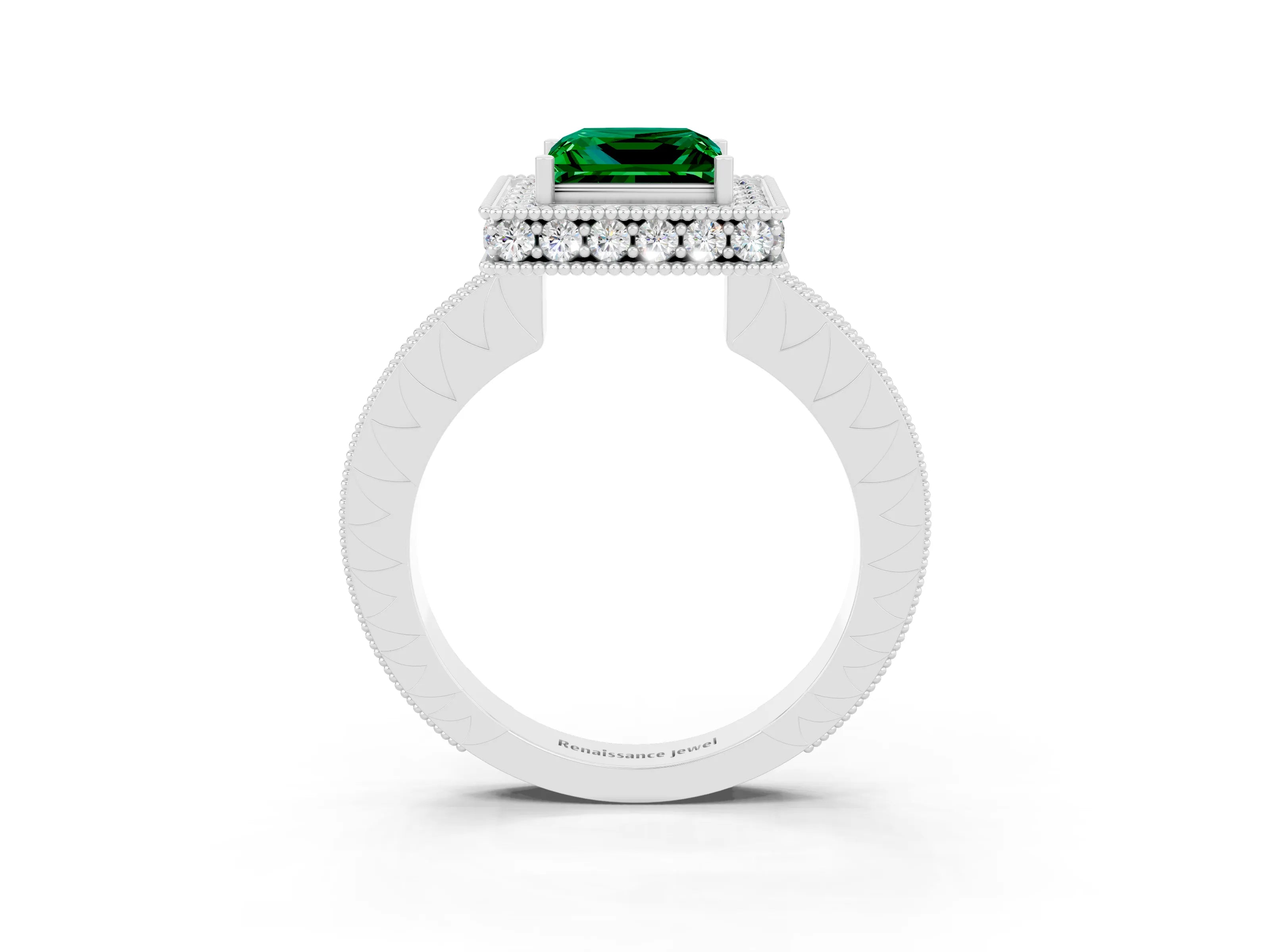 White gold Princess Cut Halo Diamond Engagement Ring with Milgrain Pave Band and Four-Prong Setting_3