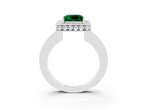 White gold Princess Cut Halo Diamond Engagement Ring with Milgrain Pave Band and Four-Prong Setting_3