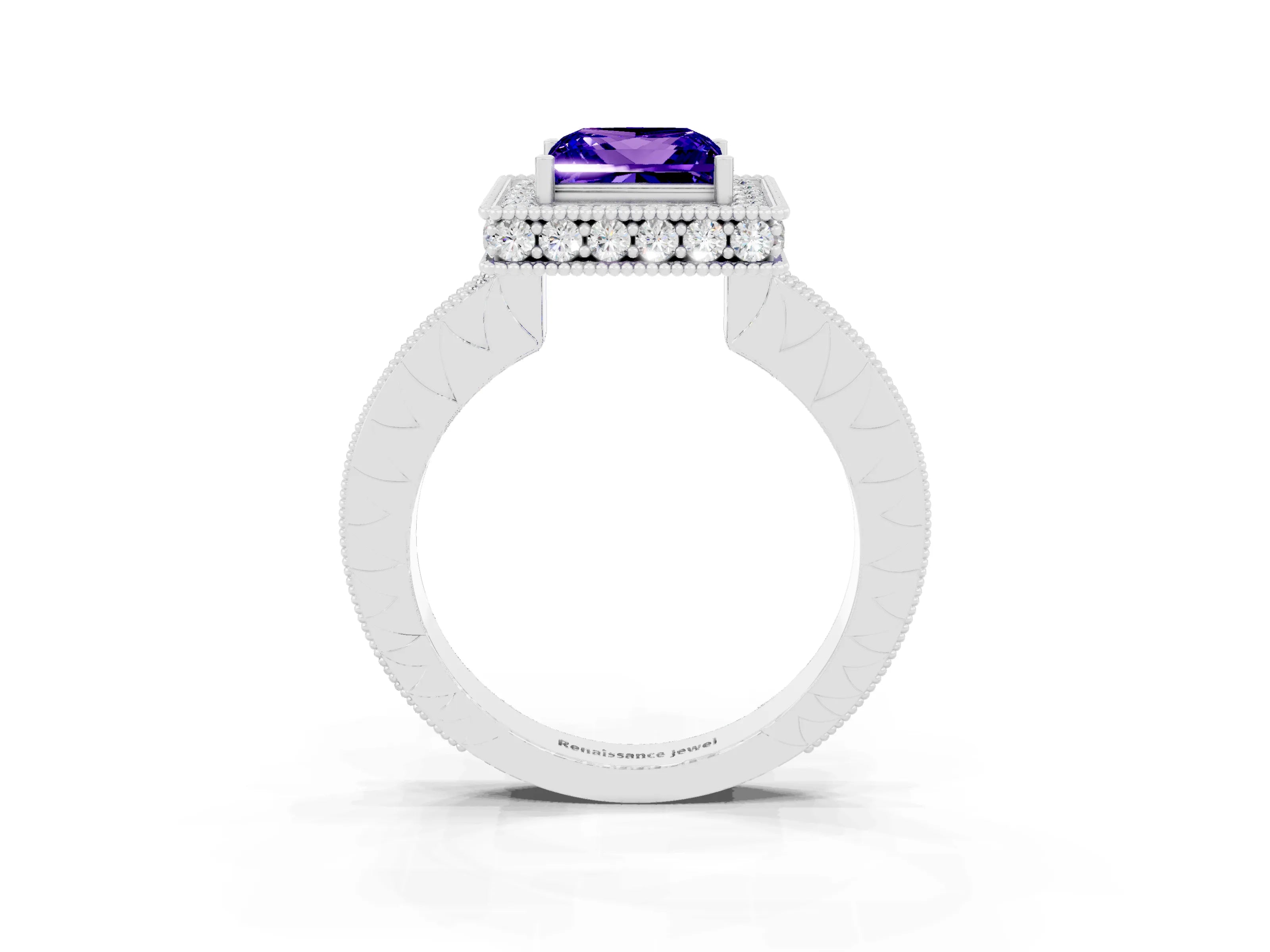 White gold Princess Cut Halo Diamond Engagement Ring with Milgrain Pave Band and Four-Prong Setting_3
