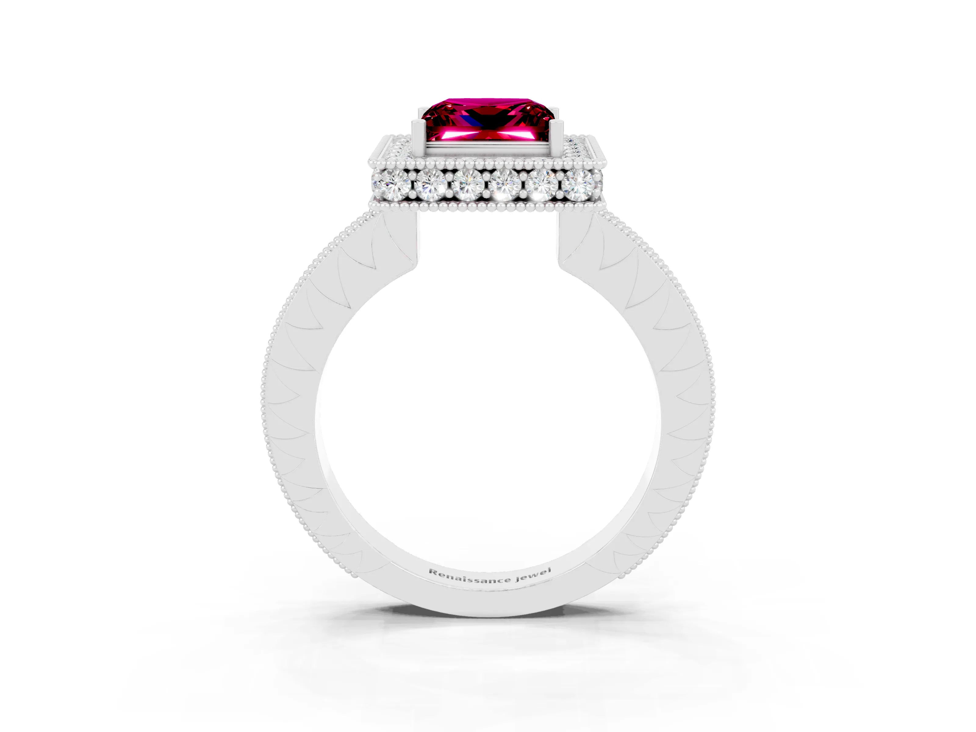 White gold Princess Cut Halo Diamond Engagement Ring with Milgrain Pave Band and Four-Prong Setting_3