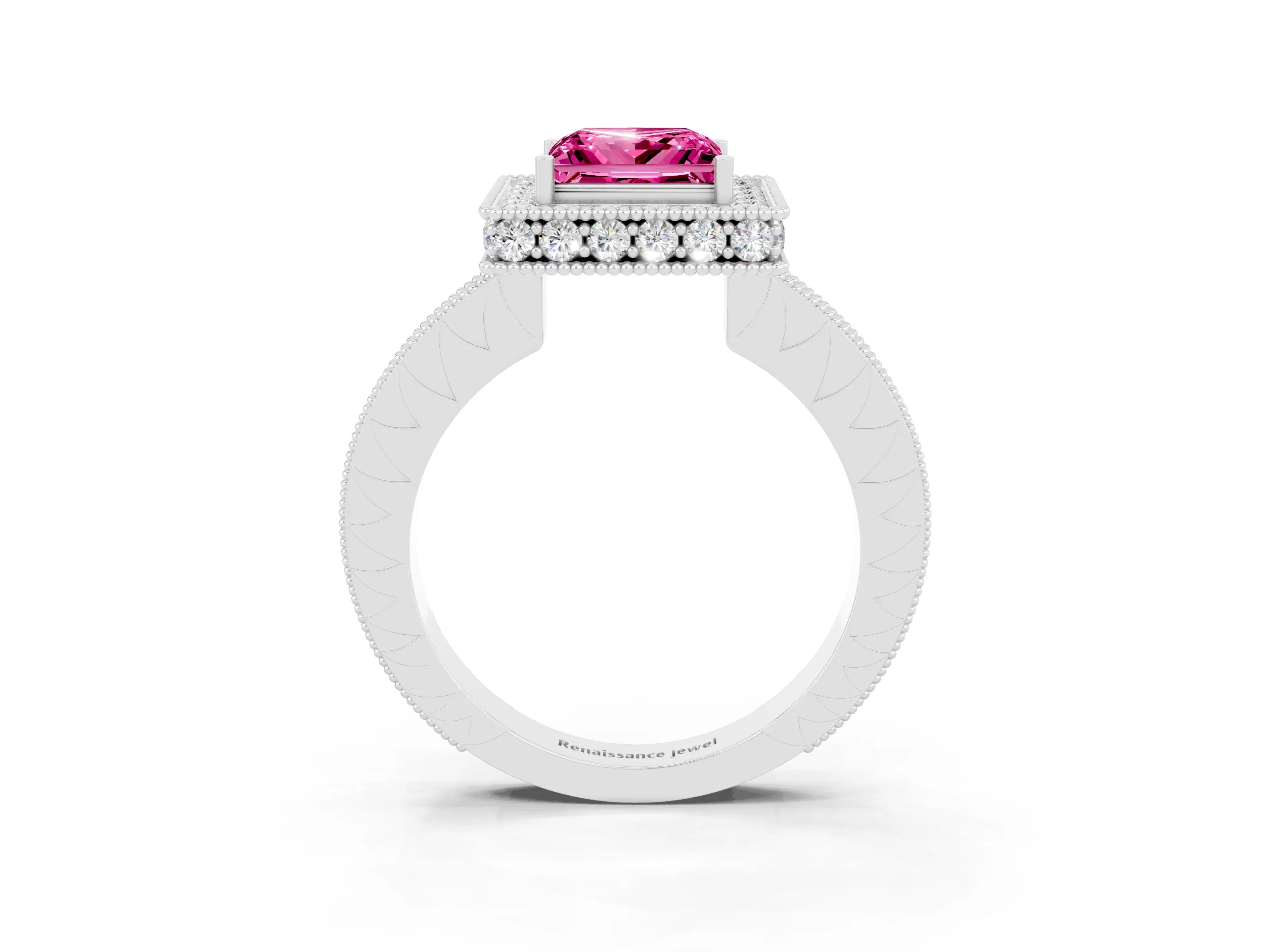 White gold Princess Cut Halo Diamond Engagement Ring with Milgrain Pave Band and Four-Prong Setting_3