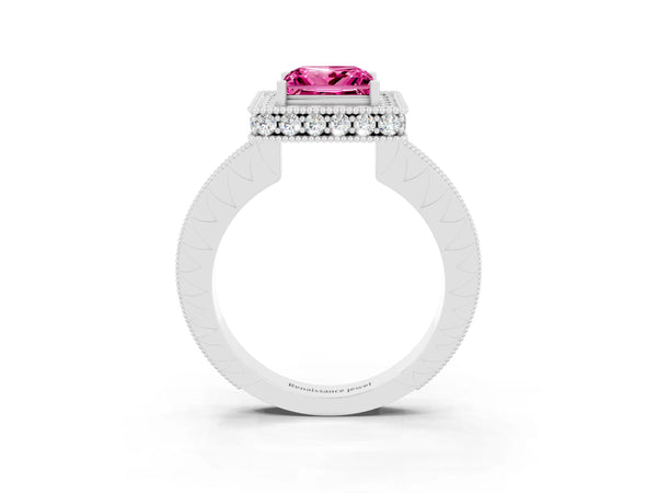 Silver Princess Cut Halo Diamond Engagement Ring with Milgrain Pave Band and Four-Prong Setting