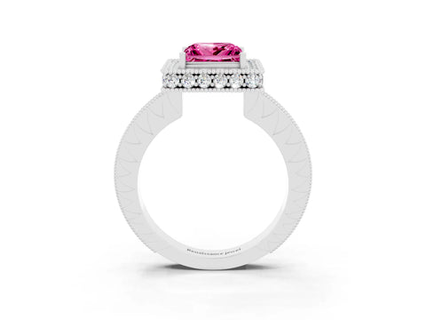 White gold Princess Cut Halo Diamond Engagement Ring with Milgrain Pave Band and Four-Prong Setting_3