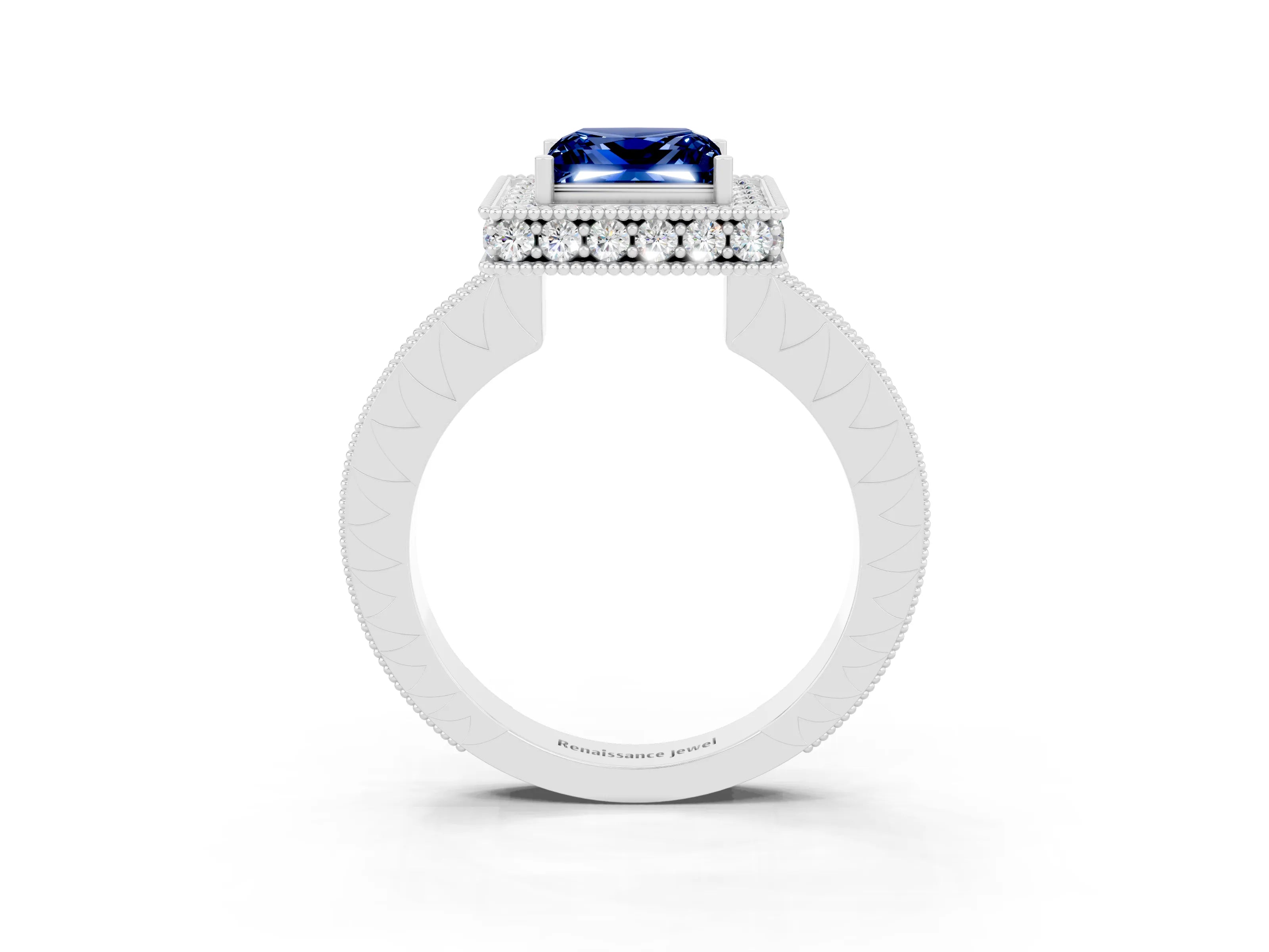 White gold Princess Cut Halo Diamond Engagement Ring with Milgrain Pave Band and Four-Prong Setting_3