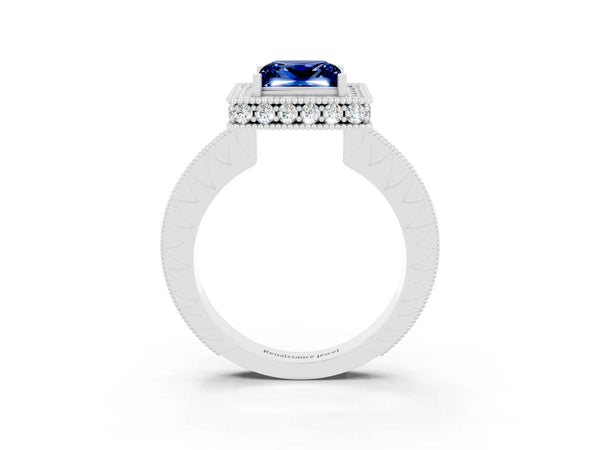 Platinum Princess Cut Halo Diamond Engagement Ring with Milgrain Pave Band and Four-Prong Setting
