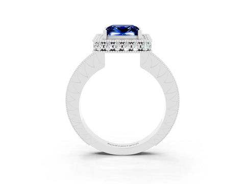 White gold Princess Cut Halo Diamond Engagement Ring with Milgrain Pave Band and Four-Prong Setting_3