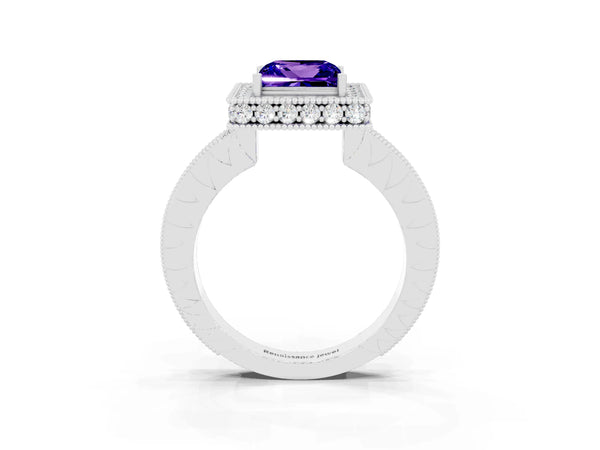 Platinum Princess Cut Halo Diamond Engagement Ring with Milgrain Pave Band and Four-Prong Setting