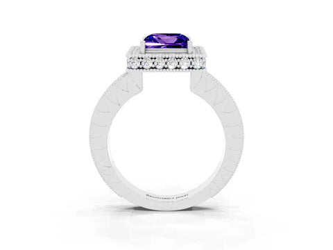 White gold Princess Cut Halo Diamond Engagement Ring with Milgrain Pave Band and Four-Prong Setting_3