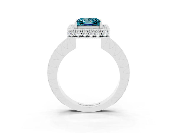 White gold Princess Cut Halo Diamond Engagement Ring with Milgrain Pave Band and Four-Prong Setting