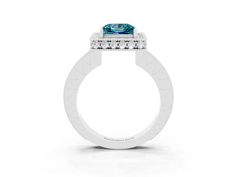 White gold Princess Cut Halo Diamond Engagement Ring with Milgrain Pave Band and Four-Prong Setting_3
