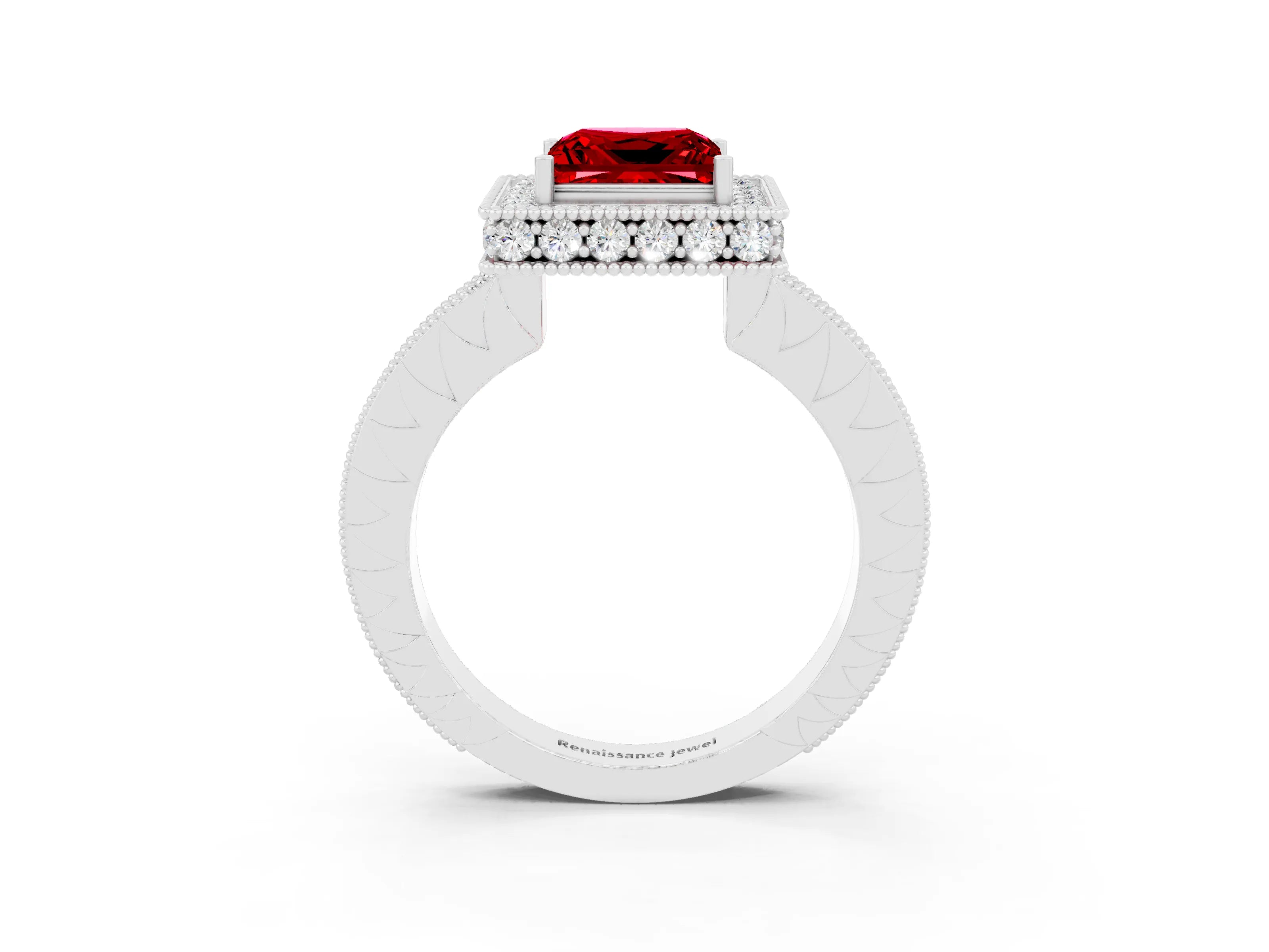 White gold Princess Cut Halo Diamond Engagement Ring with Milgrain Pave Band and Four-Prong Setting_3