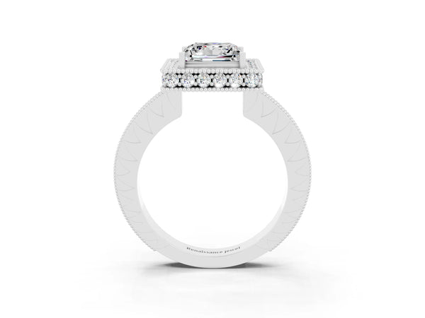 Platinum Princess Cut Halo Diamond Engagement Ring with Milgrain Pave Band and Four-Prong Setting