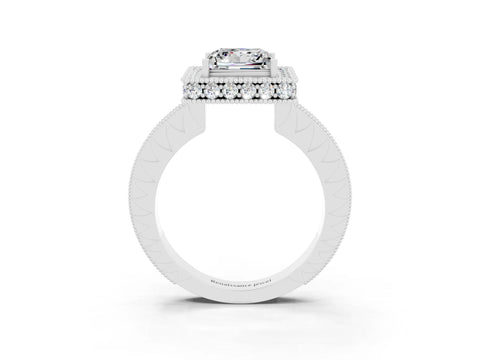 White gold Princess Cut Halo Diamond Engagement Ring with Milgrain Pave Band and Four-Prong Setting_3