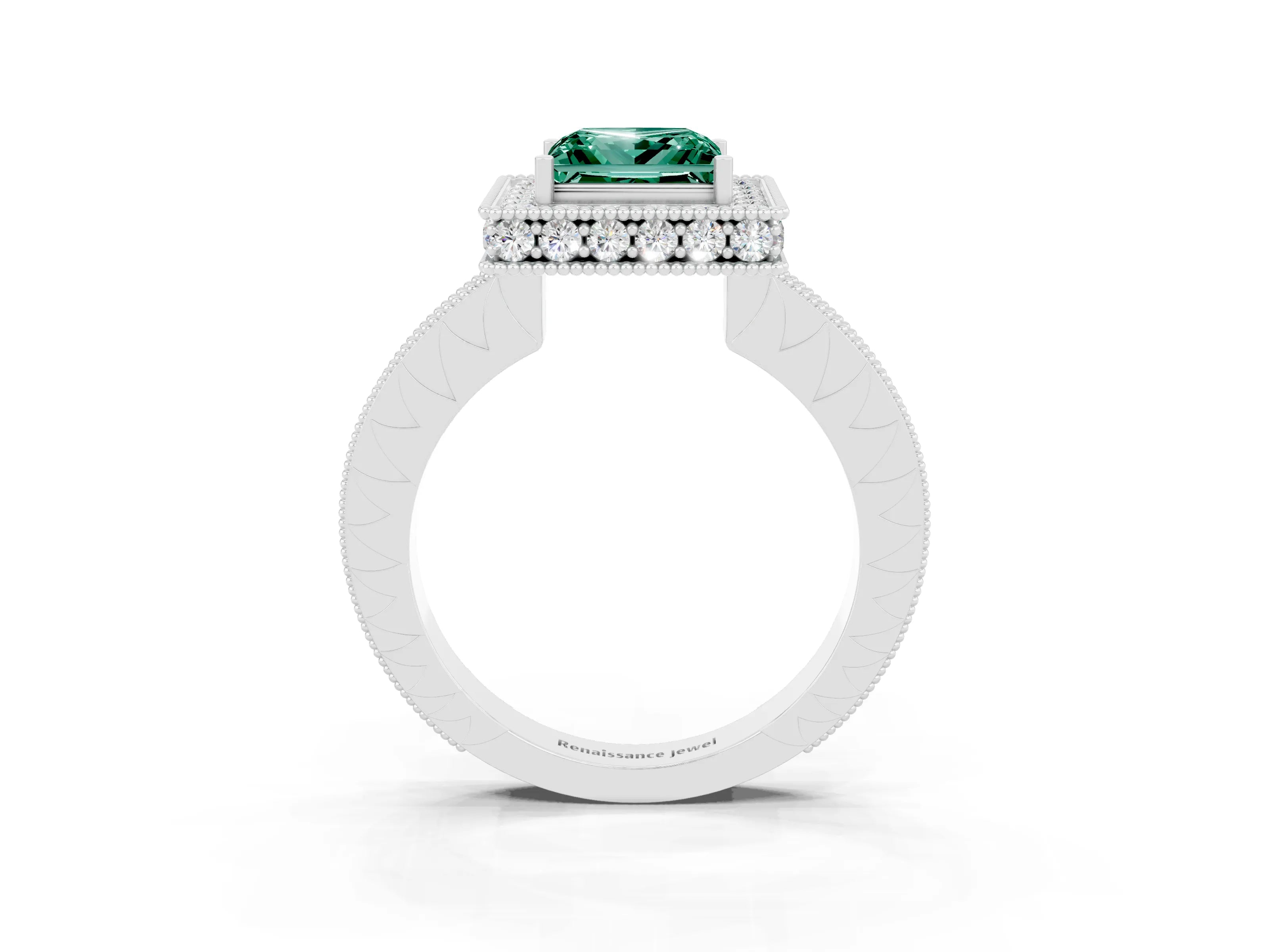 White gold Princess Cut Halo Diamond Engagement Ring with Milgrain Pave Band and Four-Prong Setting_3