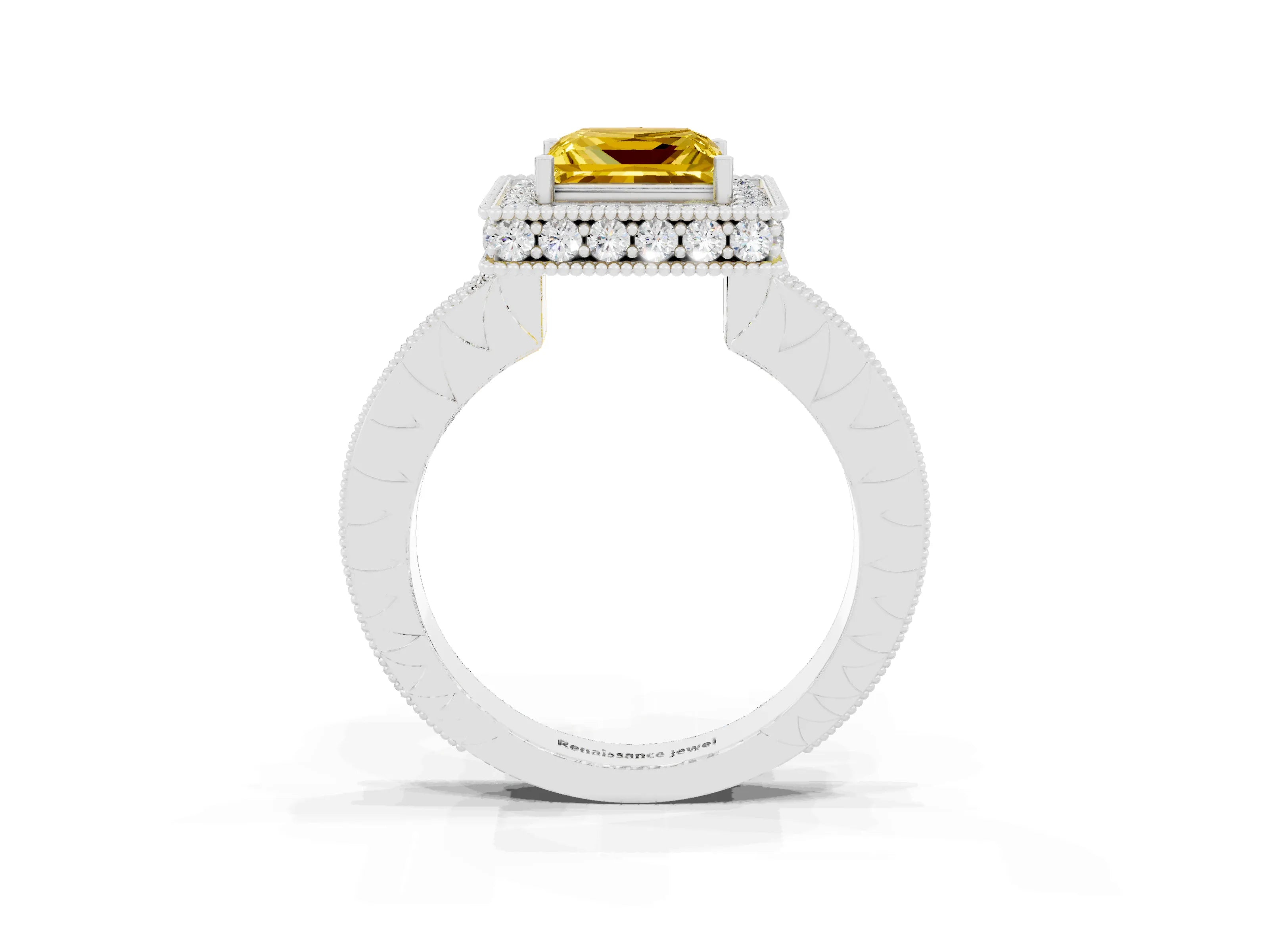 White gold Princess Cut Halo Diamond Engagement Ring with Milgrain Pave Band and Four-Prong Setting_3