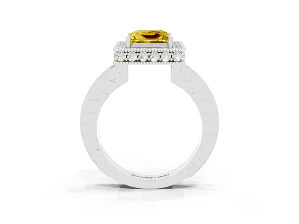 Platinum Princess Cut Halo Diamond Engagement Ring with Milgrain Pave Band and Four-Prong Setting