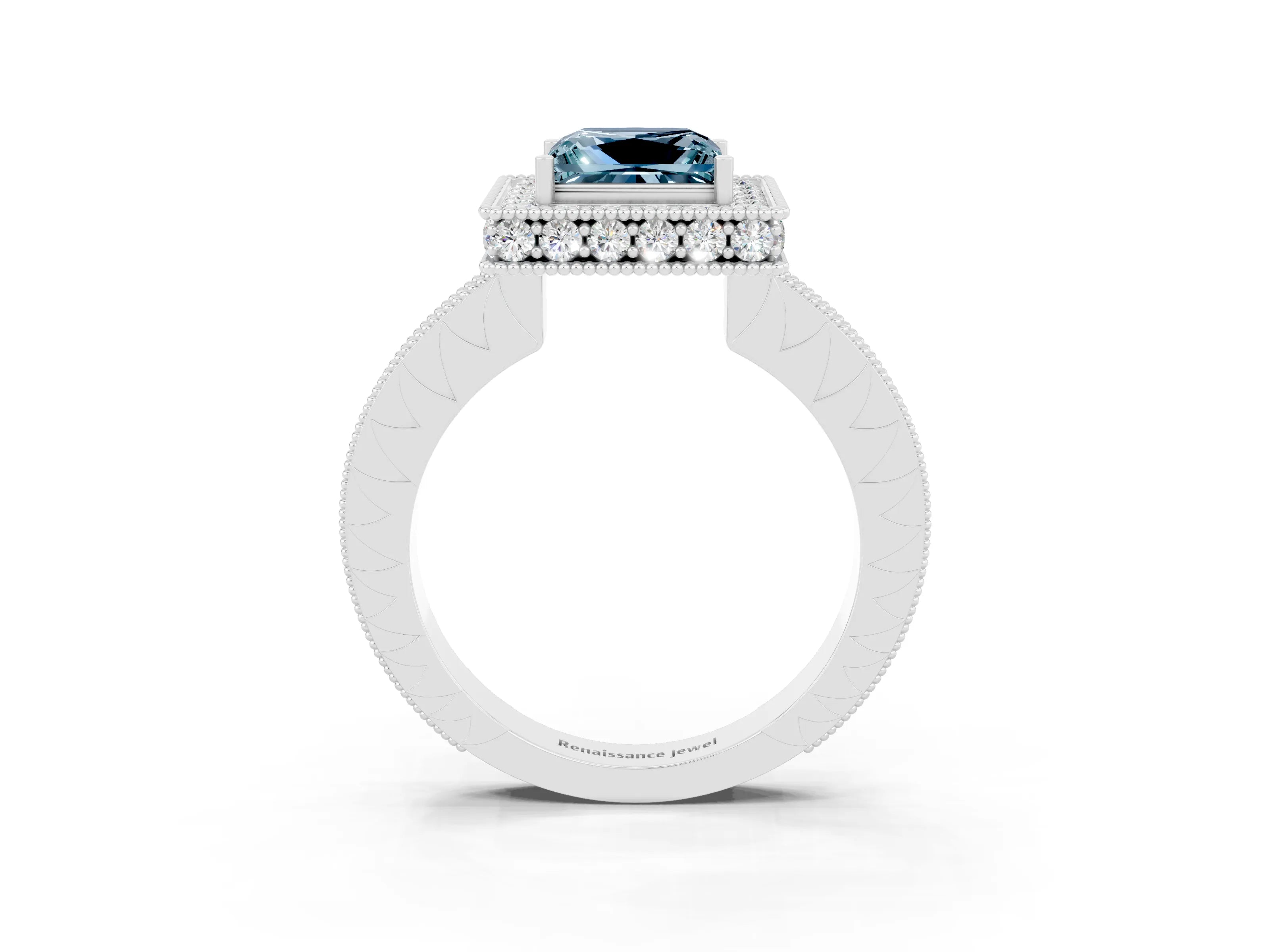 White gold Princess Cut Halo Diamond Engagement Ring with Milgrain Pave Band and Four-Prong Setting_3