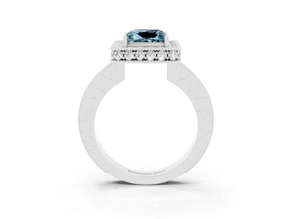 Silver Princess Cut Halo Diamond Engagement Ring with Milgrain Pave Band and Four-Prong Setting