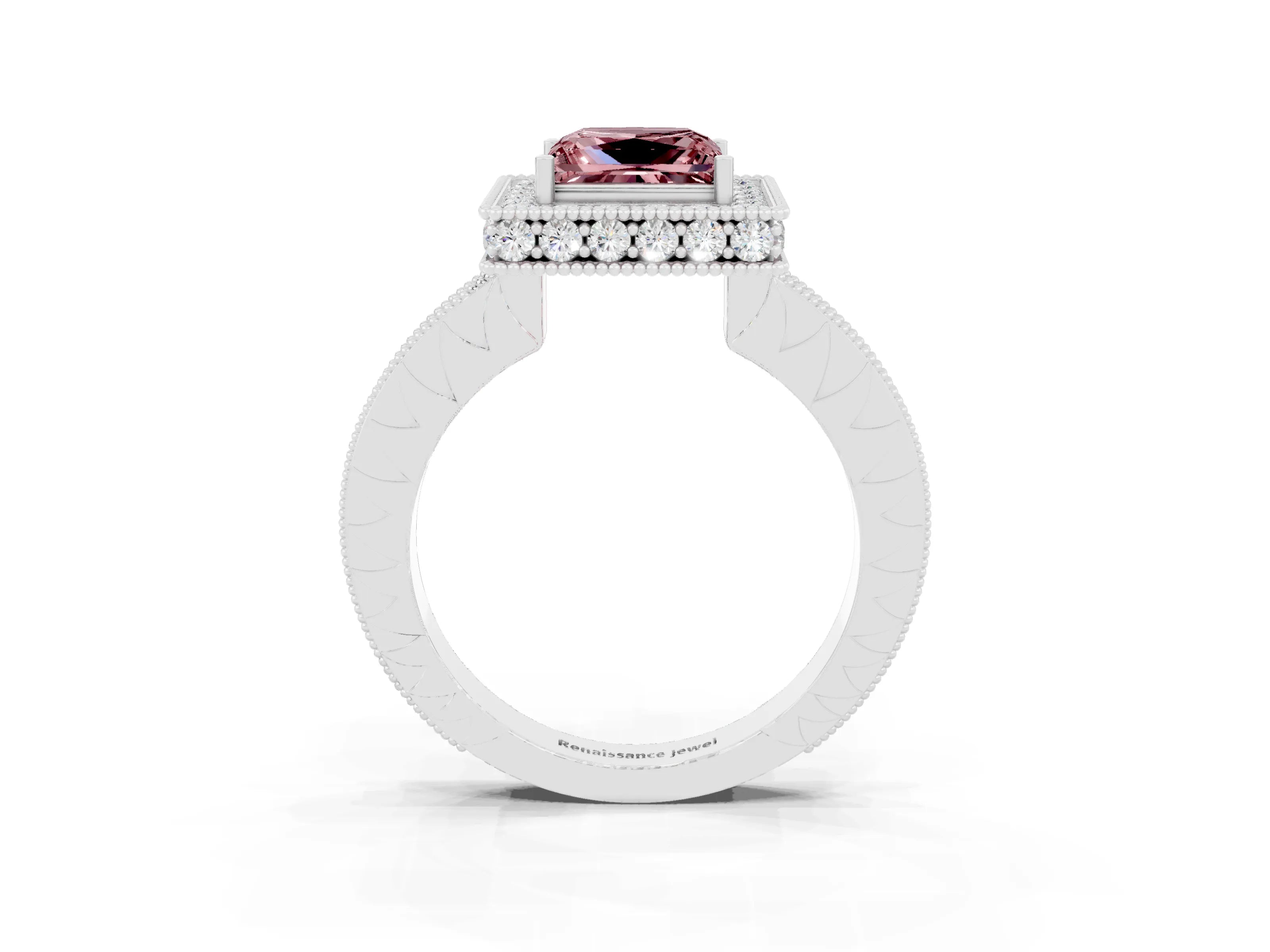 White gold Princess Cut Halo Diamond Engagement Ring with Milgrain Pave Band and Four-Prong Setting_3