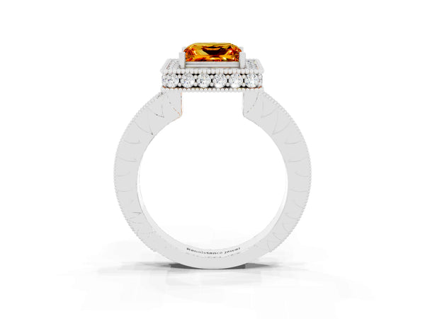 Silver Princess Cut Halo Diamond Engagement Ring with Milgrain Pave Band and Four-Prong Setting